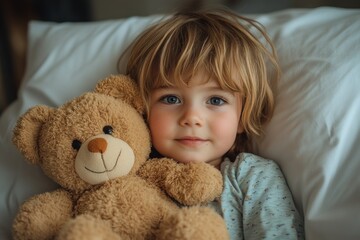 Child in Hospital Bed with Teddy Bear Joyful Healing Superhero