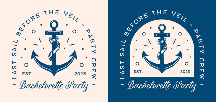 Bachelorette party crew nautical ocean navy blue cruise theme funny quotes last sail before the veil. Retro sailor anchor coastal summer aesthetic bridesmaid bridal girls night matching shirt design.