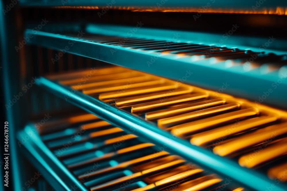 Poster Angled shot of a futuristic server rack with vibrant glowing lines and digital visuals, representing software-defined networking in a high-tech environment
