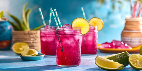 Fototapeta premium Pink Summer Drink with Lime, Refreshing Citrus Beverage Scene, Summer Cocktail With Straw, Vibrant Drink with Ice, Lime Slice Garnish