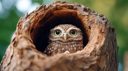 Charming Little Owl Peering Out from Tree Hollow in Natural Green Landscape