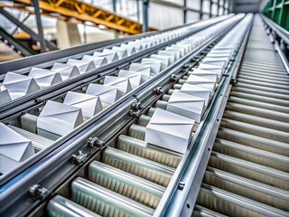 Close-up of Industrial Conveyor Belt Sorting White Envelopes in a Postal Factory