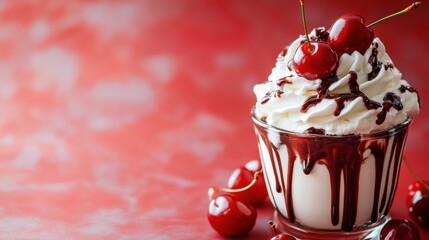 Delicious dessert served in a glass topped with whipped cream and cherries on a vibrant red background