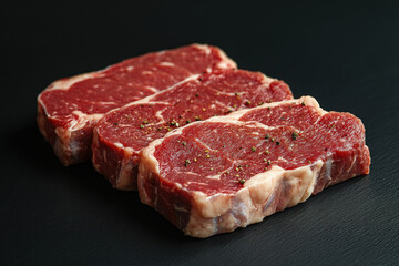 Two raw beef pieces on black surface.