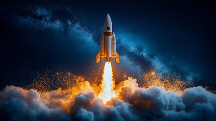 Fototapeta premium Business startup concept illustration, modern vector art with a rocket launching and teamwork