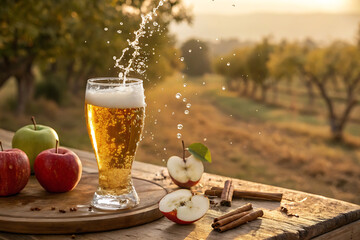 Celebration of world cider day with refreshing cider glass among orchard scenery.