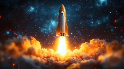 Business startup concept illustration, modern vector art with a rocket launching and teamwork