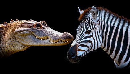 Crocodile and Zebra Face-Off A Striking Wildlife Portrait Against a Black Background