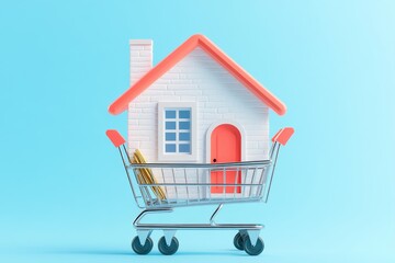 A miniature house sits inside a shopping cart against a blue background, symbolizing the concept of buying or investing in real estate.