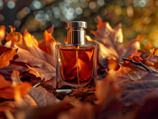 Elegant perfume bottle surrounded by autumn leaves, capturing warmth and beauty