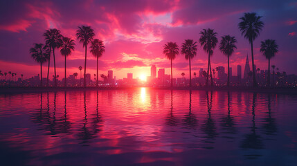 Obraz premium Stunning sunset over a city skyline with palm trees reflected in calm waters