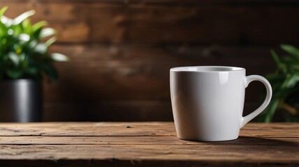 Elegant white mug on rustic wooden table with soft plant backdrop scenery