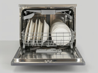 Compact dishwasher with clean plates and modern design, perfect for small kitchens