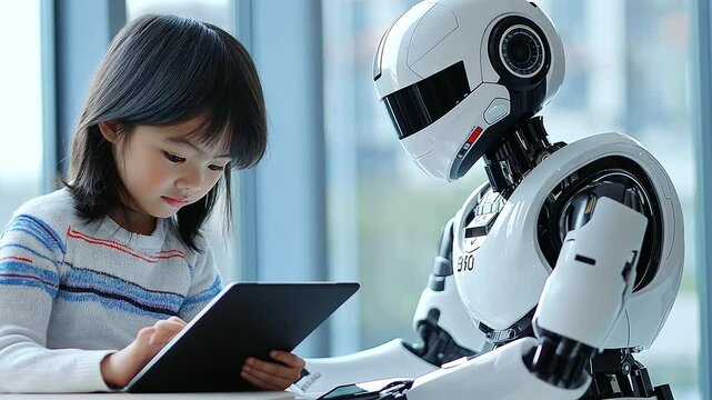 A kind-faced teaching robot, designed with a sleek silver body, sits beside a child, guiding them through an advanced math problem on a tablet.