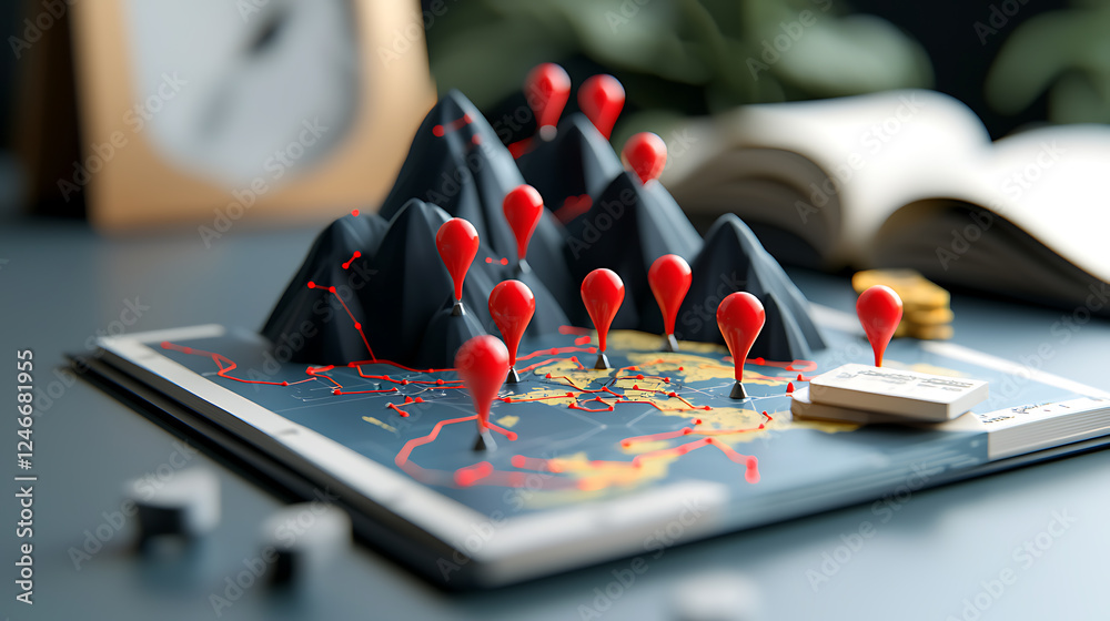 Poster exploring geographic data visualization modern office 3d map representation creative workspace aeria