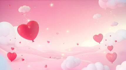 Cute Pink Cartoon Background with Heart-Shaped Balloons, White Clouds, Soft Light, and Dreamy Red Hills, Romantic Valentine's Day Setting
