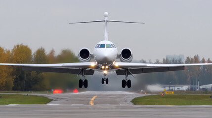 Naklejka premium Commercial airplane landing on runway in autumn weather