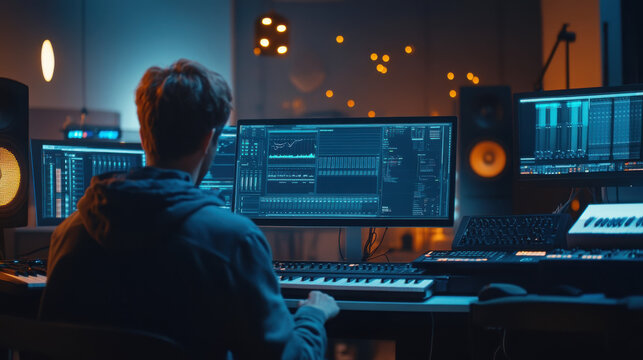 Adults learning music production in a modern studio environment for creative education and collaboration