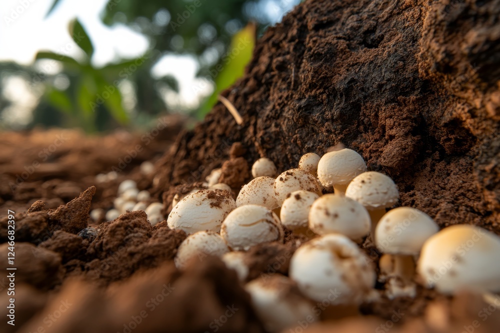 Poster A cluster of white mushrooms grows on the side of a tree, showcasing varying sizes and textured surfaces, illuminated by soft, warm light