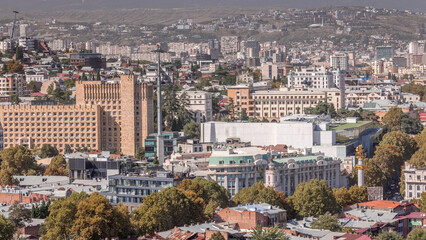 Obraz premium Aerial view of column of freedom in the center of the city timelapse in Tbilisi. Georgia
