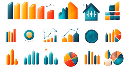 Financial statistics graph set, structured business growth icons in flat design