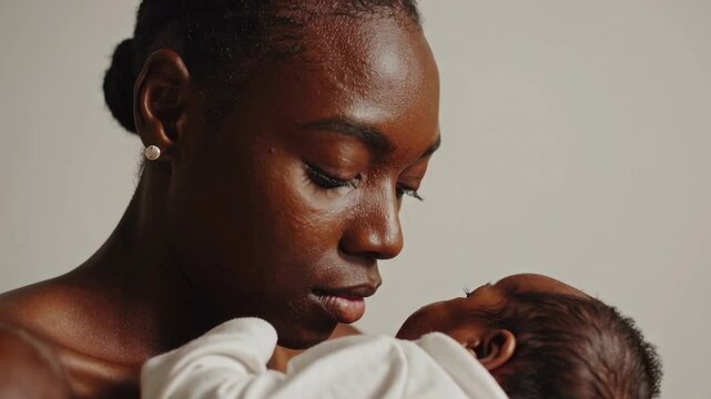 Young mother tenderly cradling newborn baby, sharing intimate moment of pure love and connection in softly illuminated neutral setting, embodying gentle maternal bond
