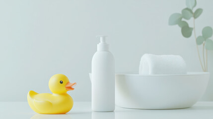 Playful baby bath essentials mockup with yellow rubber duck and white bottle