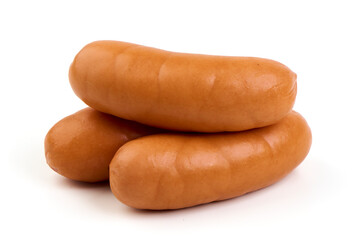 Heap of cooked sausages, close-up, isolated on white background.