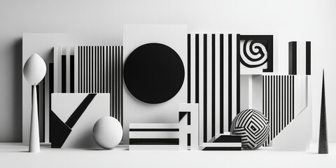 A stark black and white background with bold geometric shapes, each one distinct yet interconnected. The dynamic composition is perfect for modern art, tech branding, or cutting-edge product visuals.