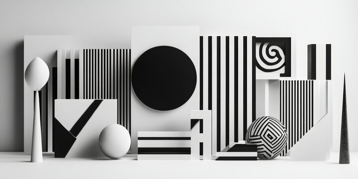 A stark black and white background with bold geometric shapes, each one distinct yet interconnected. The dynamic composition is perfect for modern art, tech branding, or cutting-edge product visuals.