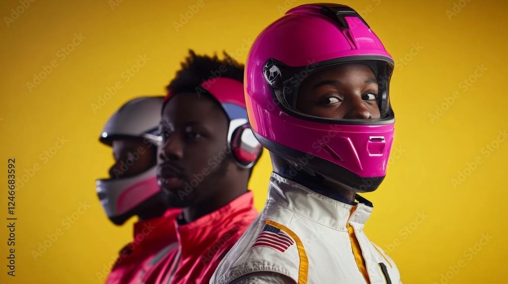Poster three figures confidently pose in neon-colored space suits, featuring retro and contemporary styles,