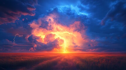 Fototapeta premium Fiery sunset lightning storm over field, dramatic sky