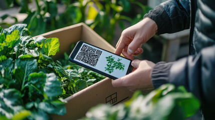 Customer scanning qr code on box of fresh greens in garden setting