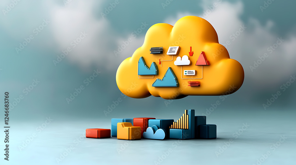 Poster data visualization in the cloud analyzing growth metrics with 3d graphics digital environment bright