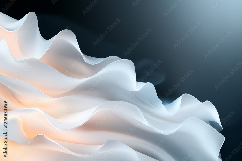 Poster soft, undulating waves in shades of white and gray flow gently against a deep black backdrop, offeri