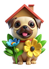 A charming 3D-rendered puppy sitting near a cozy doghouse, surrounded by flowers, symbolizing friendship, pet care, and a warm home.