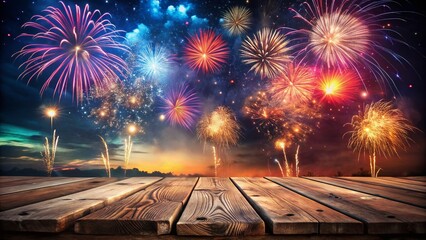 Colorful Fireworks Night Photography: Empty Wooden Table with Copy Space for Product Display