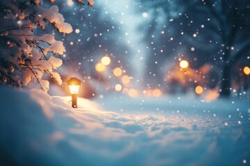 Naklejka premium Winter Landscape with Soft Snowdrifts and Blurry Holiday Lights