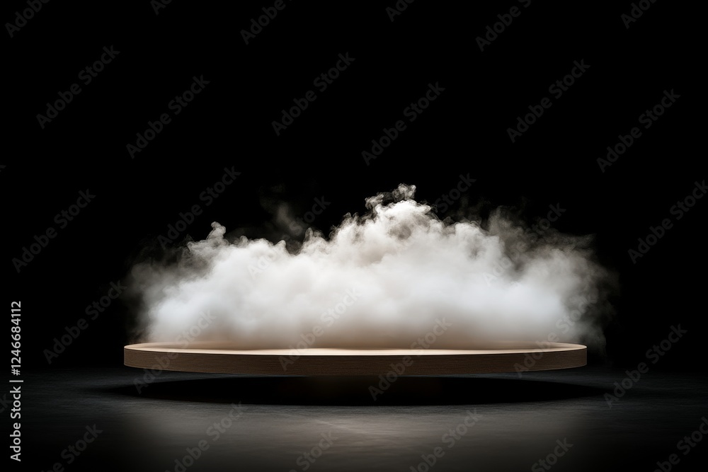 Poster A white cloud explosion rests on a circular pedestal, illuminated by soft light. The black background enhances the minimalist aesthetic, creating an ethereal effect