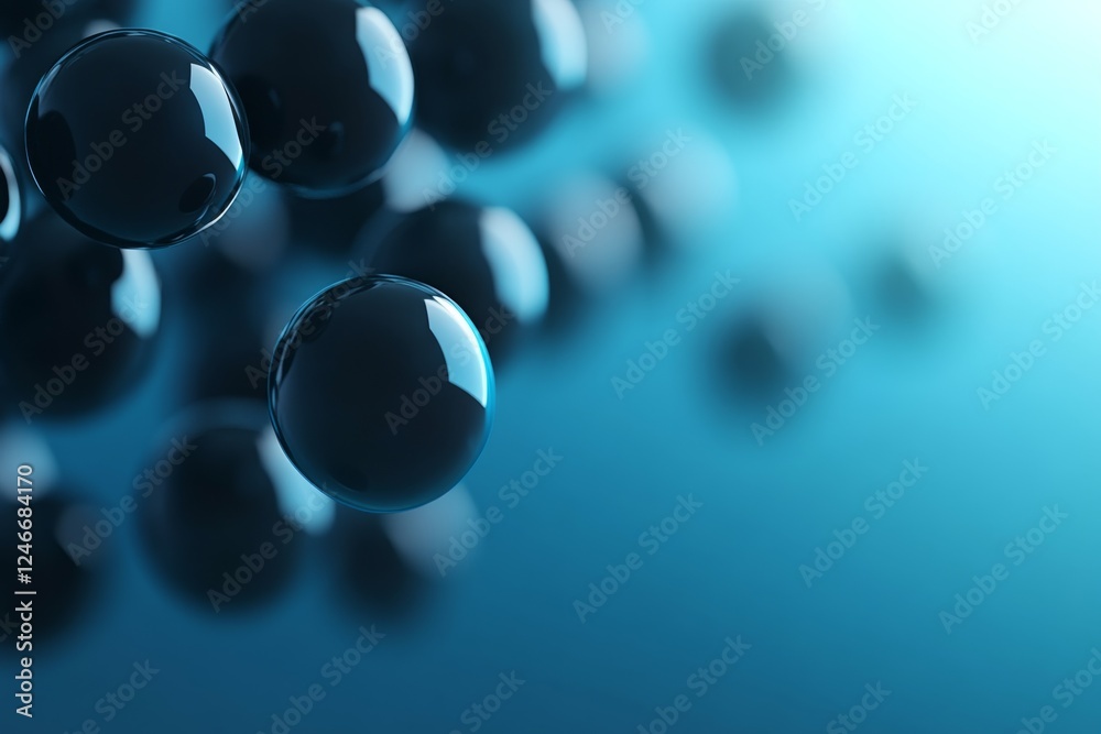 Fototapete Close-up view of shiny black spheres hovering in the air with a soft, blurred background, creating a dynamic, minimalist effect and available copy space