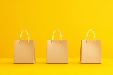 A vibrant yellow background features three empty brown paper bags, creating a cheerful and minimalist shopping atmosphere.