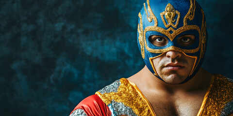 Luchador wrestler portrait, blue mask costume, intense gaze, dramatic background, Mexican wrestling theme, masked fighter, hero