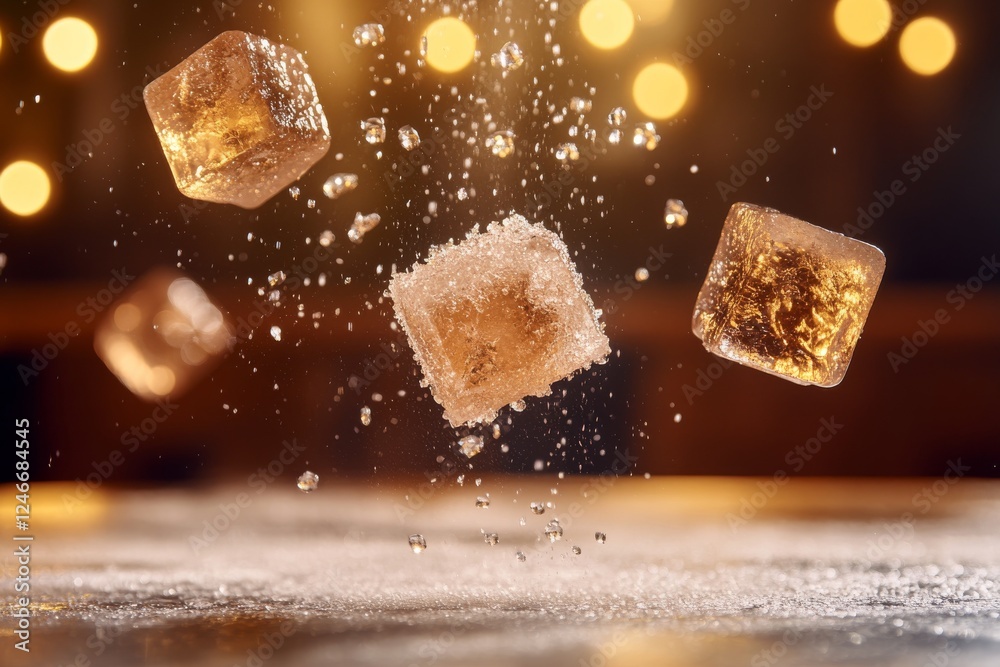 Poster Ice cubes suspended in mid-air reflect warm light, with a golden bokeh background enhancing their cool clarity. The scene provides ample space for text placement