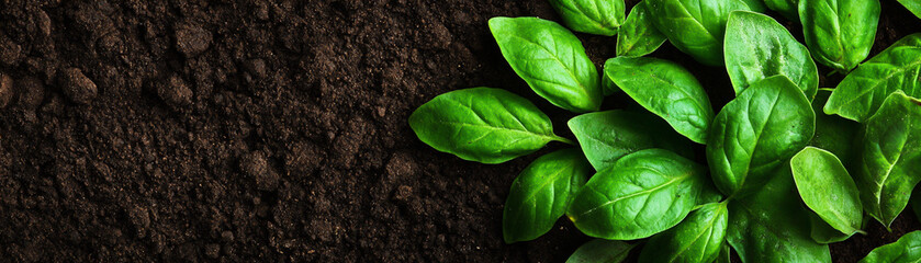 Fresh green leaves sprouting from rich, dark soil in a lush garden setting.