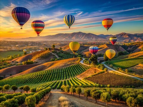 Colorful Hot Air Balloons Soaring Over Temecula Valley at Dusk