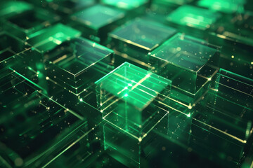 close up horizontal abstract illustration of glowing green geometric transparent cubes structure