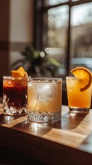 A delightful display of cocktails shines on a wooden table, basking in natural light. Each drink, garnished with fruits, invites enjoyment and refreshment in a lively setting