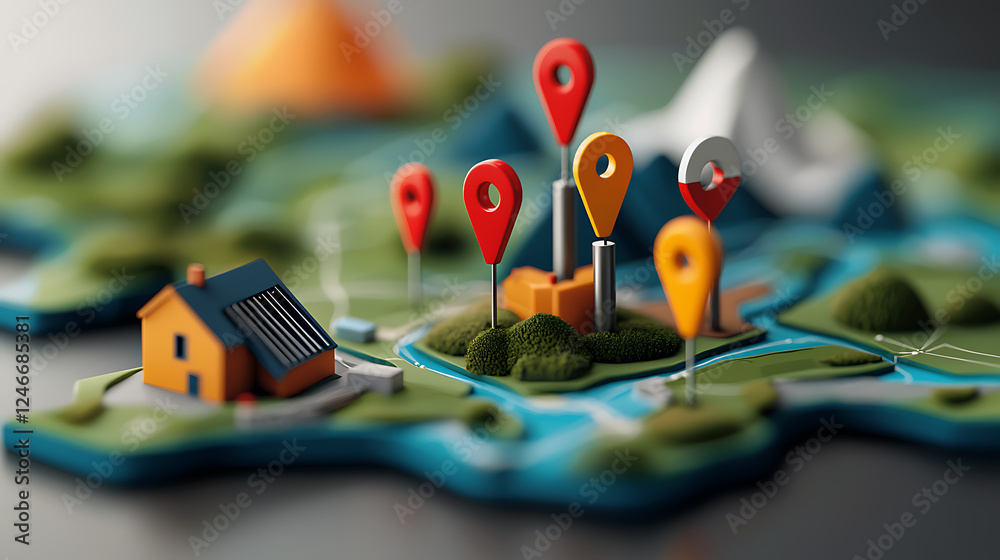 Poster exploring a geographic information system model with location markers 3d map urban planning digital 
