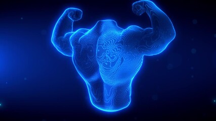 Holographic 3D rotating bodybuilder torso with futuristic digital effects, glowing lights, and cyber aesthetics, ideal for sci-fi and technology themes, lasts 20s seamless loop
