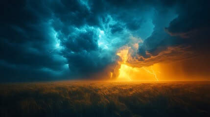 Double lightning storm over field; apocalyptic landscape
